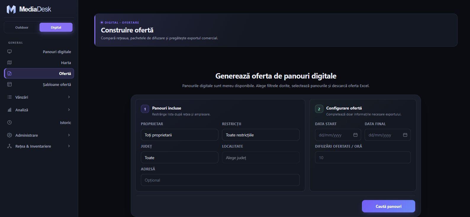 MediaDesk Digital — construirea unei oferte de panouri digitale